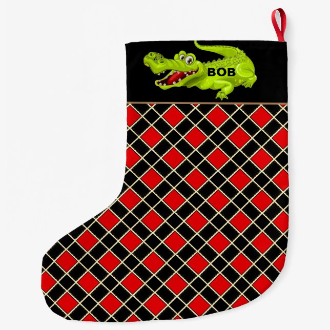 Crocodile on Black & Red Diamond Pattern Large Christmas Stocking (Back)