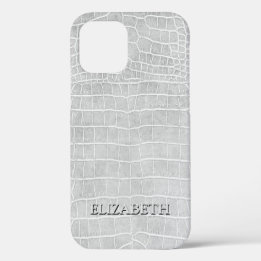 Crocodile Pearl Grey Faux Leather Personalize Name iPhone 12 Case