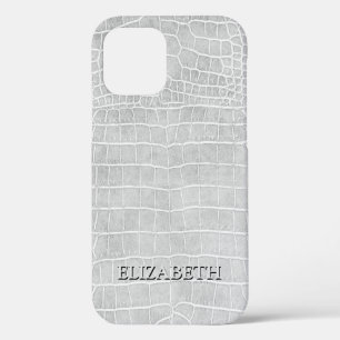Crocodile Pearl Grey Faux Leather Personalize Name iPhone 12 Case