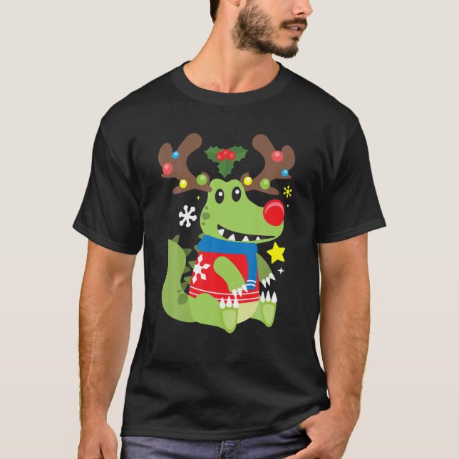 Crocodile Reindeer Funny Cute Boy Christmas Gift T-Shirt (Front)