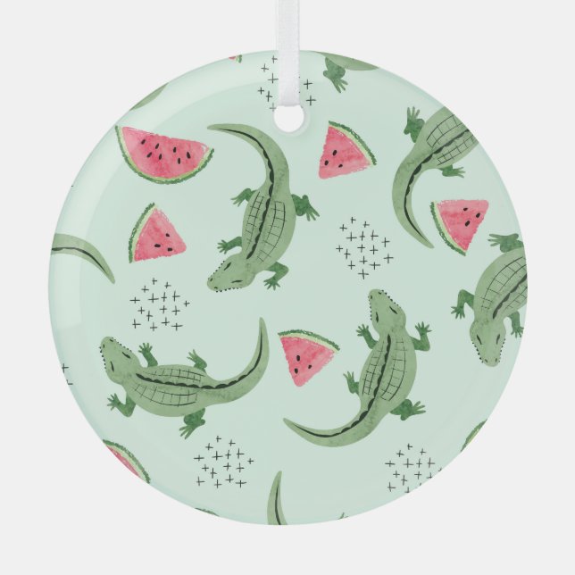 Crocodile Watermelon, Abstract Vintage Pattern. Glass Ornament (Front)