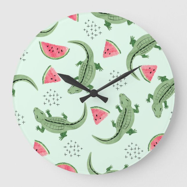 Crocodile Watermelon, Abstract Vintage Pattern. Large Clock (Front)