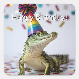 Crocodile Wearing a Rainbow Birthday Party Hat Square Sticker