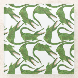 Crocodile White Watercolor Array Glass Coaster