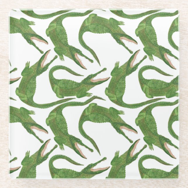 Crocodile White Watercolor Array Glass Coaster (Front)