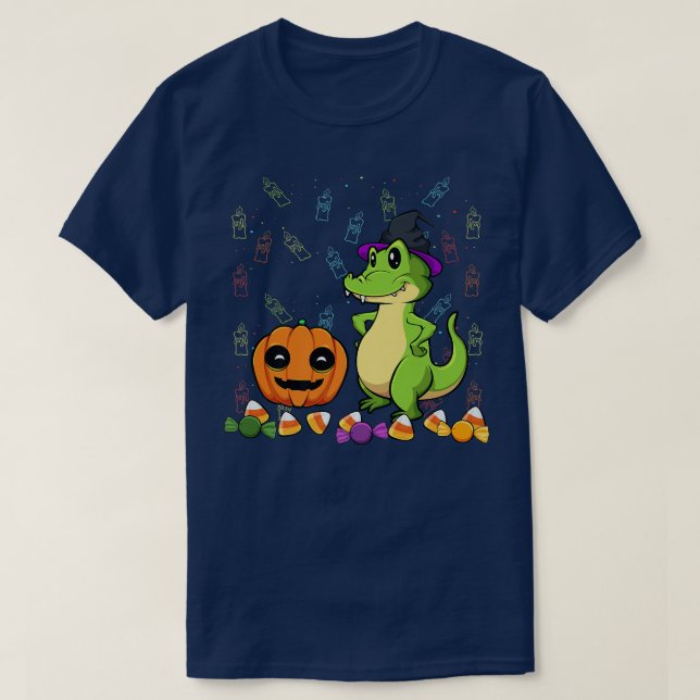 Crocodile Witch Hat Lazy Halloween Costume Pumpkin T-Shirt (Design Front)