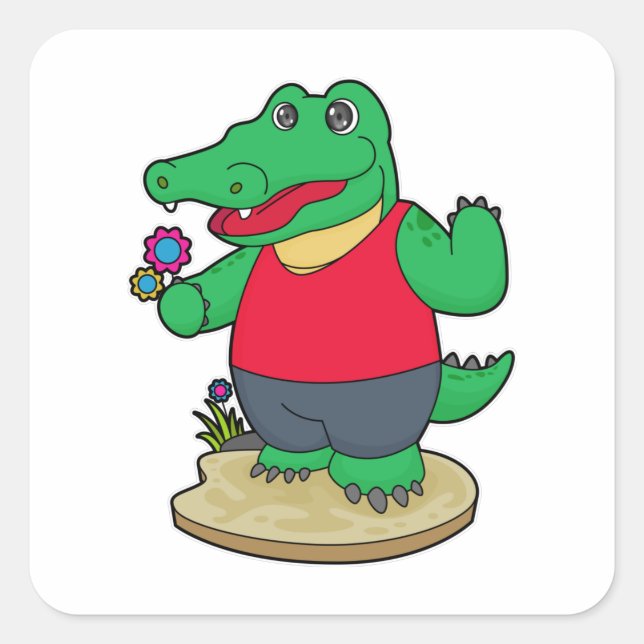 Crocodile with Flowers Square Sticker (Front)