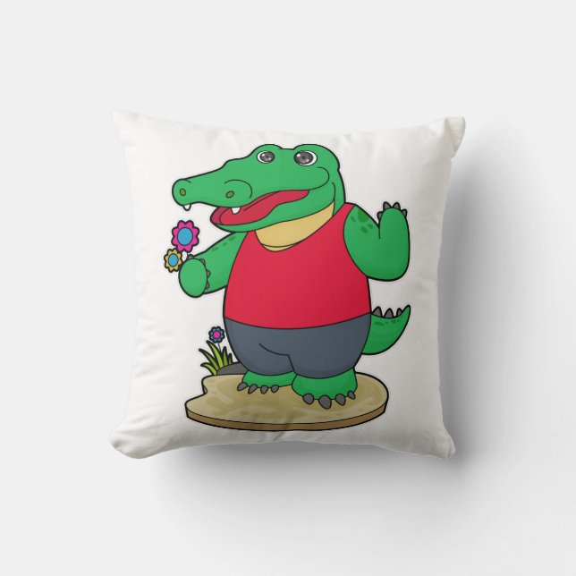 Crocodile with Flowers Throw Pillow (Front)
