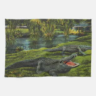 Crocodiles, Vintage Marine Life Reptiles Animals Kitchen Towel
