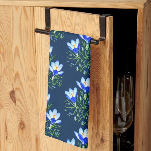 Crocus Flowers Blue Kitchen Towel (Thirds Fold)