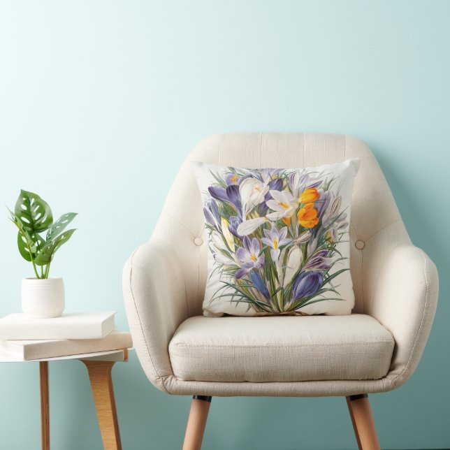 Crocus Spring Flower Botanical Floral Art Throw Pillow (Chair)