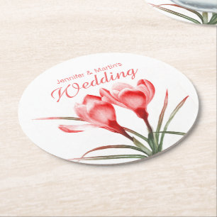 Crocus watercolor art orange wedding coasters