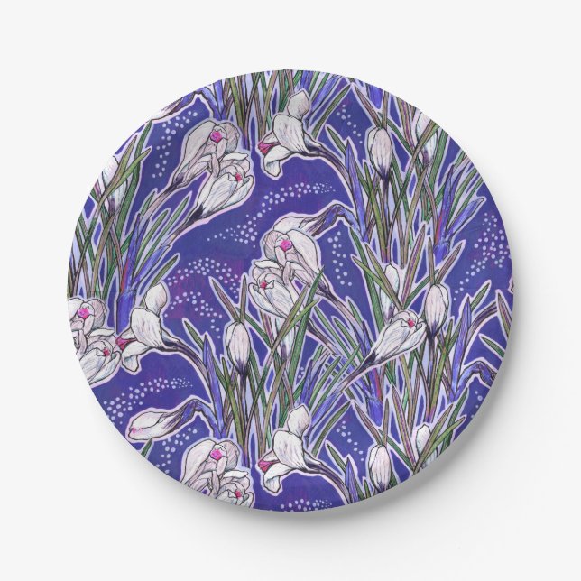Crocuses, floral pattern, beautiful spring flowers paper plate (Front)