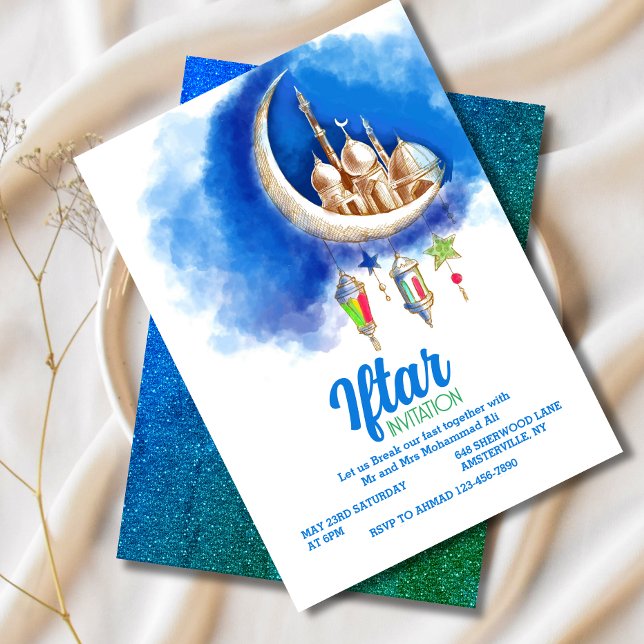 Croissant bleu moderne Iftar Party Invitation (Créateur téléchargé)
