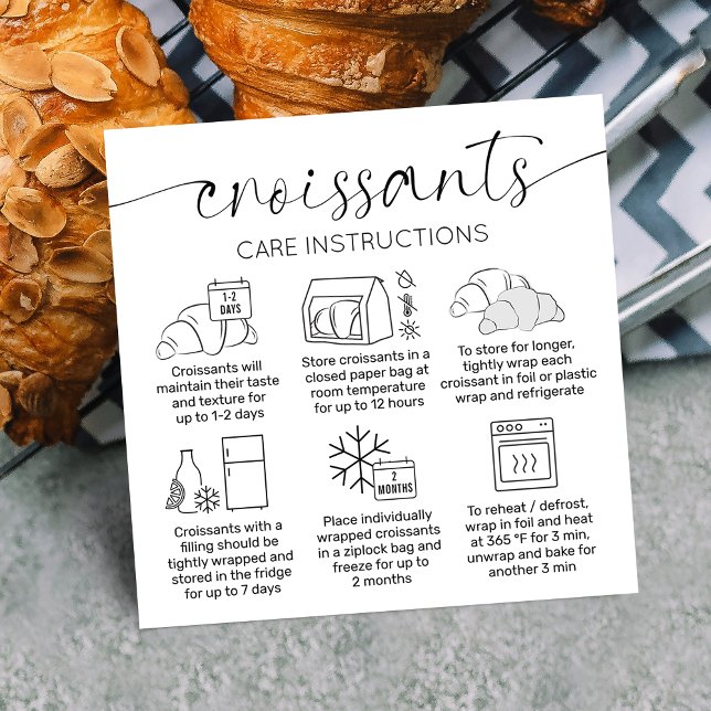 Croissants Care Instructions Minimal Pastry Bakery Square Business Card (Minimalist modern croissants care instructions cards with care icons, elegant script font)