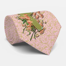 Croix avec Fleurs roses sur Cravate dorée Damas ro