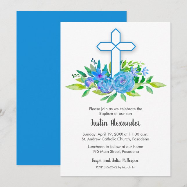 Croix Bleue Baptême Floral Christening Invitations (Devant / Derrière)
