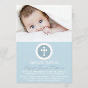 Croix Bleue et Blanche Baptême Photo Invitation