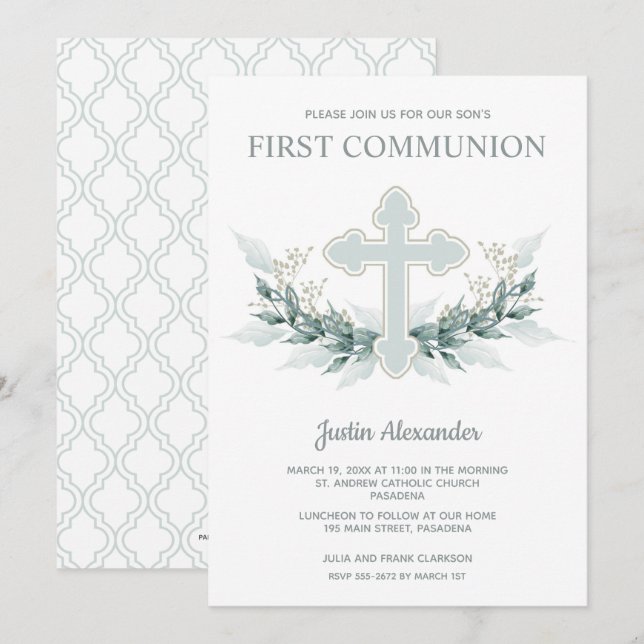 Croix Bleue Floral First Communion Invitations (Devant / Derrière)