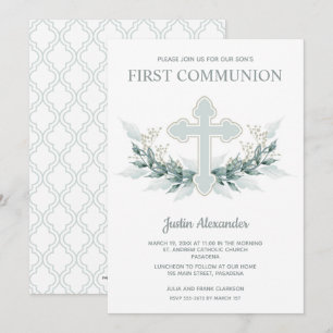 Croix Bleue Floral First Communion Invitations