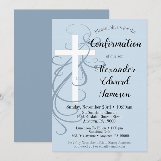 Croix Bleue Swirl Confirmation Invitation Garçon (Devant / Derrière)