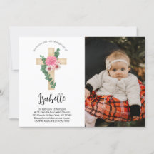 Croix de fleurs roses Photo Baptême Invitation