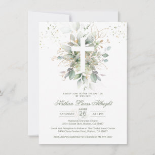 Croix du feuillage vert Baby Baptism Invitation