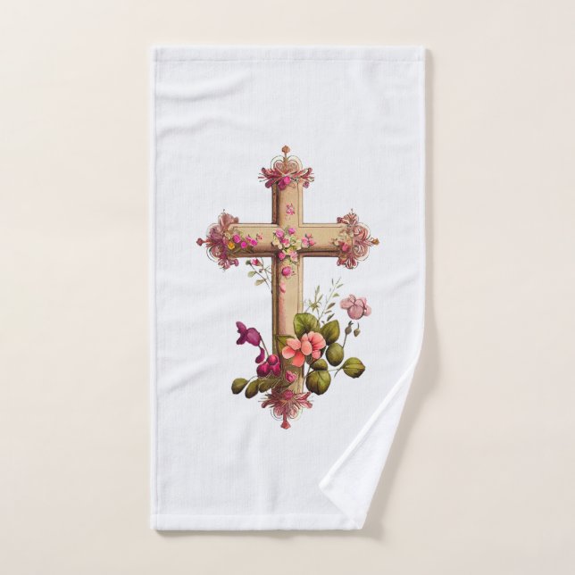 Croix en bois élégante aux fleurs roses (Serviette à main)