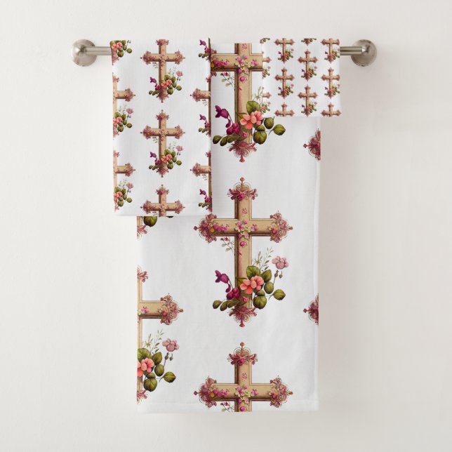Croix en bois élégante avec motifs de fleurs roses (En situation)