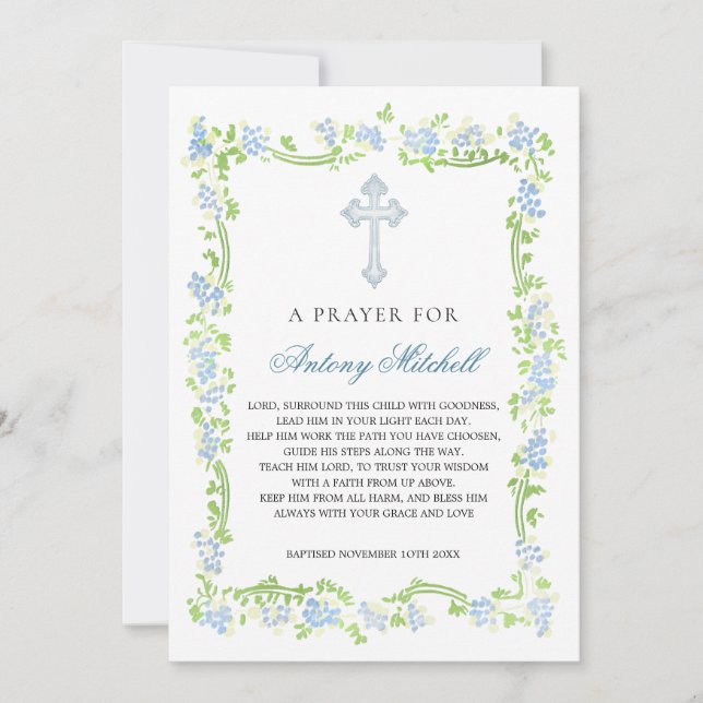 Croix florale bleu vert Baptême Prière Invitation (Devant)