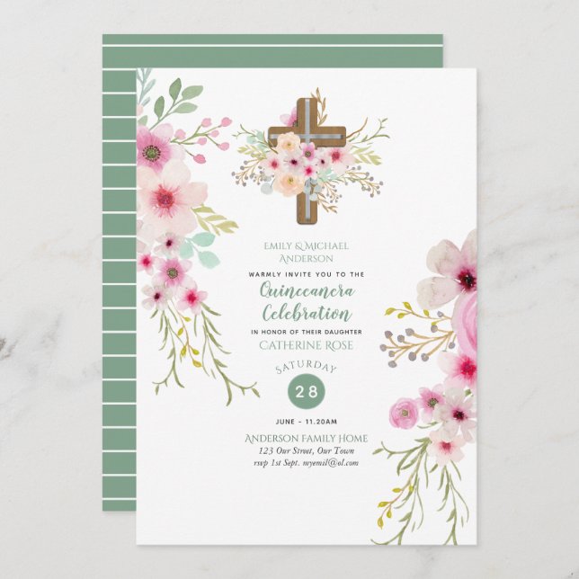 Croix florale catholique Quinceanera Invitation Sa (Devant / Derrière)