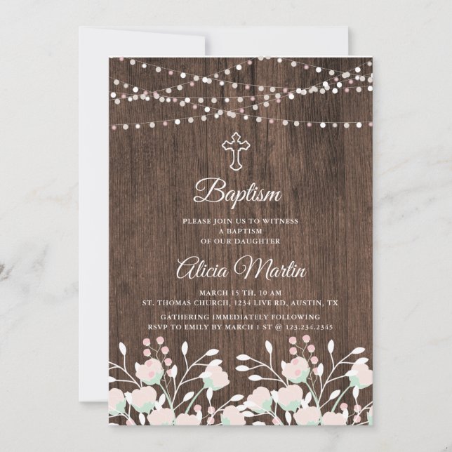 Croix florale en bois rustique invitation au baptê (Devant)