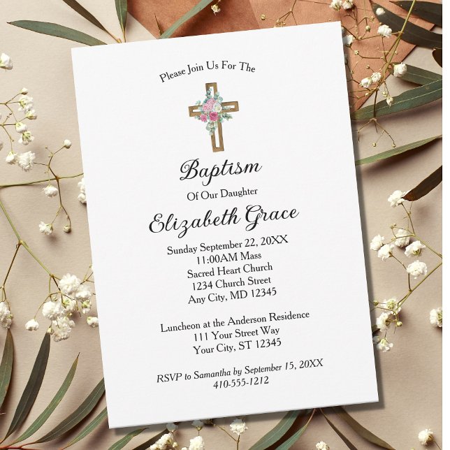 Croix florale rose Baptême Christening Invitation (Créateur téléchargé)