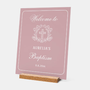 Croix florale simple sur Baptême rose Bienvenue