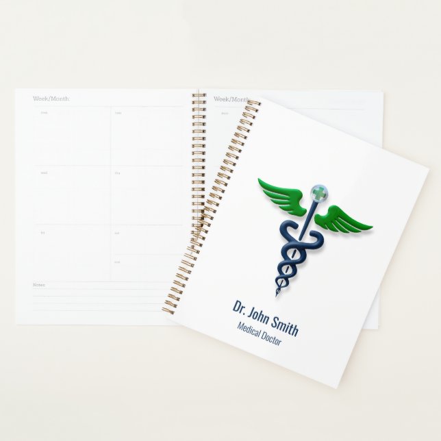 Croix Médicale bleue Stylish Caduceus Green Wings (Devant avec enveloppe)