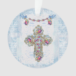 Croix religieuse avec fleurs et oiseaux