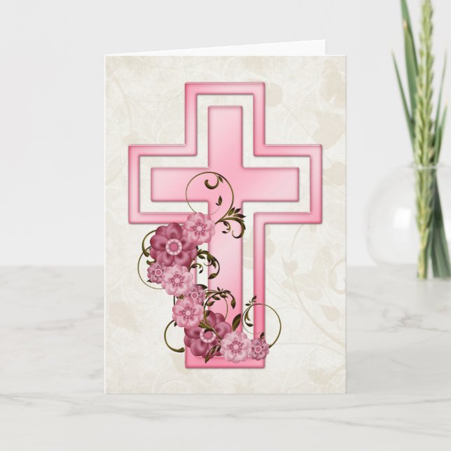 Croix rose avec fleurs 4 Carte de voeux chrétienne (Devant)