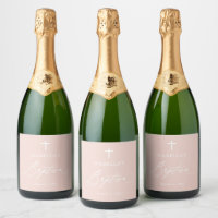 Croix rose Baptême de fille Étiquette de bouteille