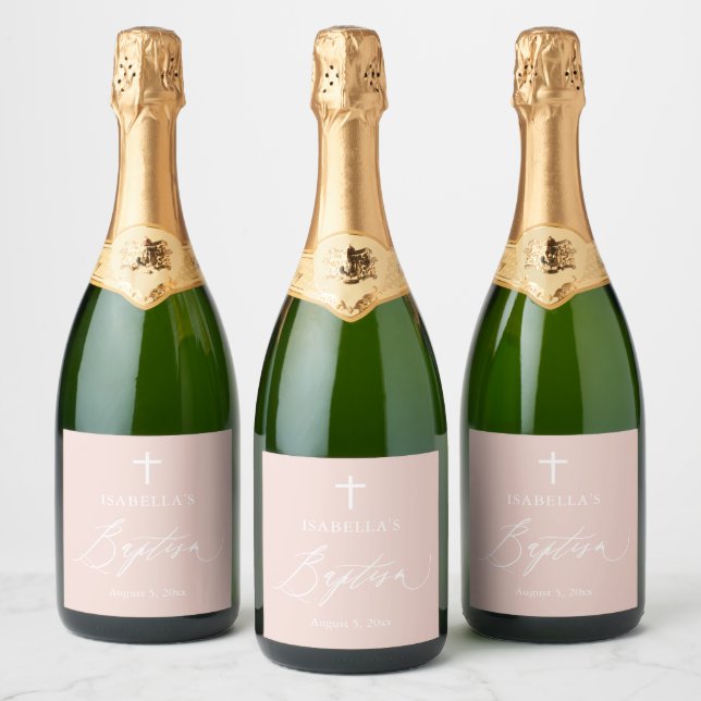 Croix rose Baptême de fille Étiquette de bouteille (Bouteilles)