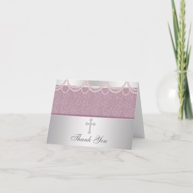 Croix rose Filles Cristening Merci Cartes (Devant)
