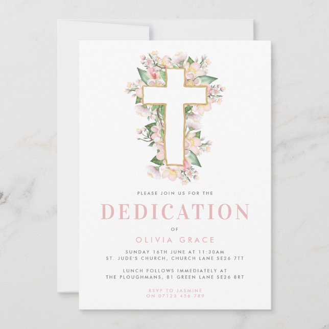 Croix rose florale Baby Dedication Invitation (Devant)