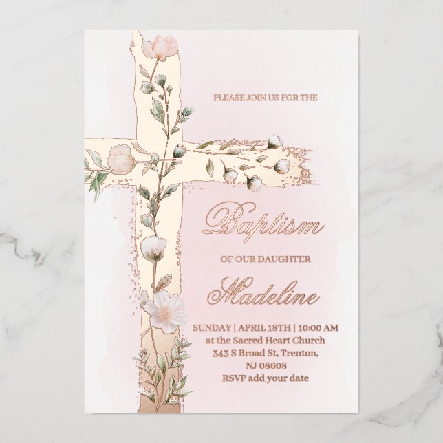 Croix sainte florale Baptême Foil Invitation (Recto)