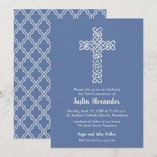 Croix sur Blue Grey First Communion Invitations