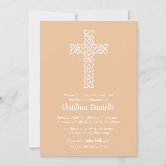 Croix sur Peach First Communion Invitations (Devant)