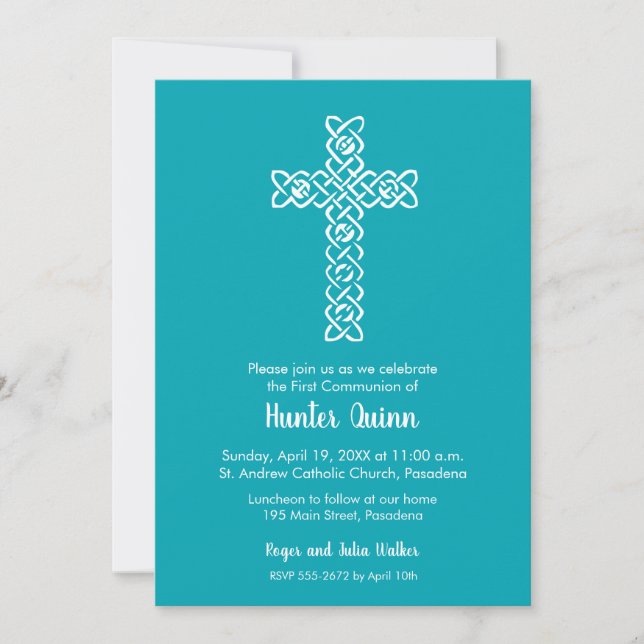 Croix sur Peacock Blue First Communion Invitations (Devant)