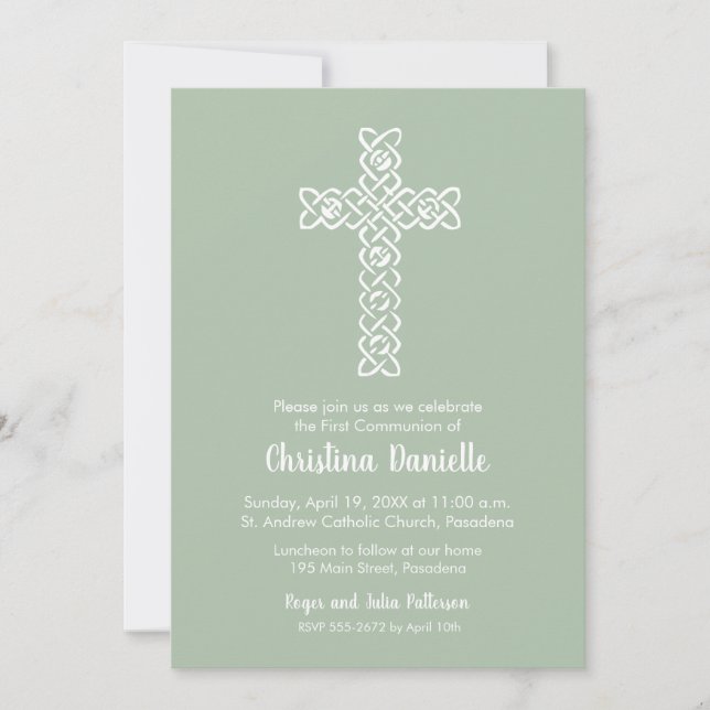 Croix sur Sage Green Invitations de première commu (Devant)
