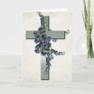 Croix verte aux fleurs violettes Carte de voeux