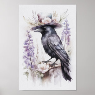 Crop Rabe Crow with hat and flowers Watercolor Poster