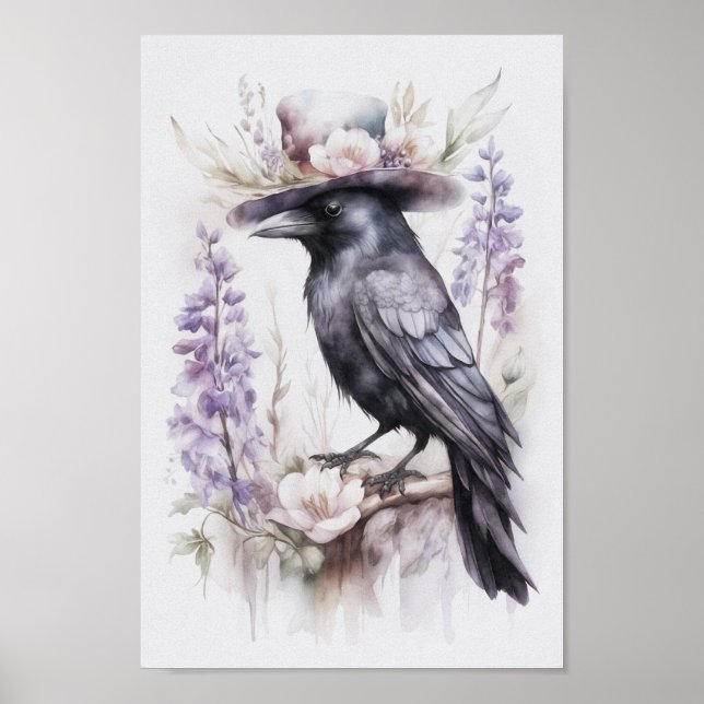 Crop Rabe Crow with hat and flowers Watercolor Poster (Front)