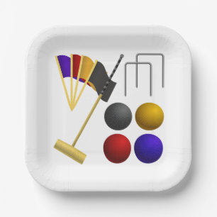 Croquet Equipment Set Mallet Balls Hoops Paper Plate